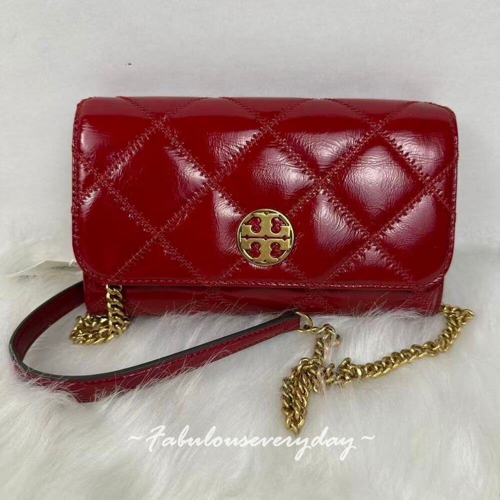 Tory Burch Willa Chain Wallet Clutch In Leather/Gold/Berry 164057 NWT